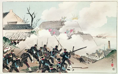 La bataille de Port Arthur, vers 1894 (gravure en couleur)